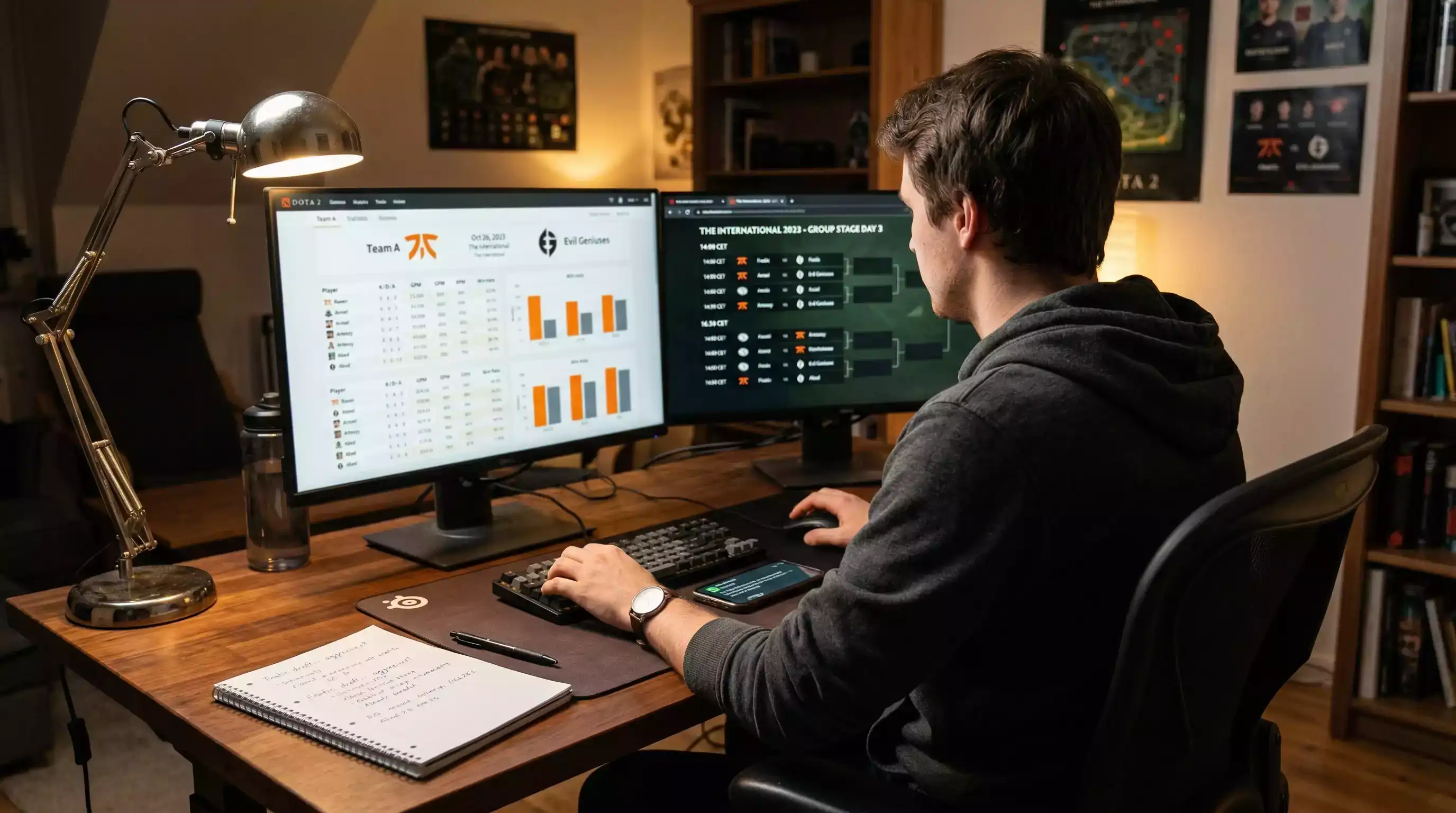 Analista revisando estadísticas de equipos de Dota 2 en múltiples pantallas antes de una apuesta