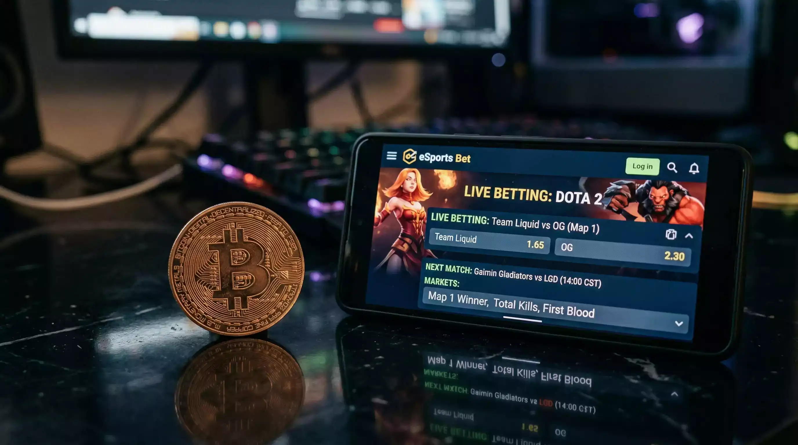 Moneda de Bitcoin junto a pantalla de apuestas de esports en Dota 2