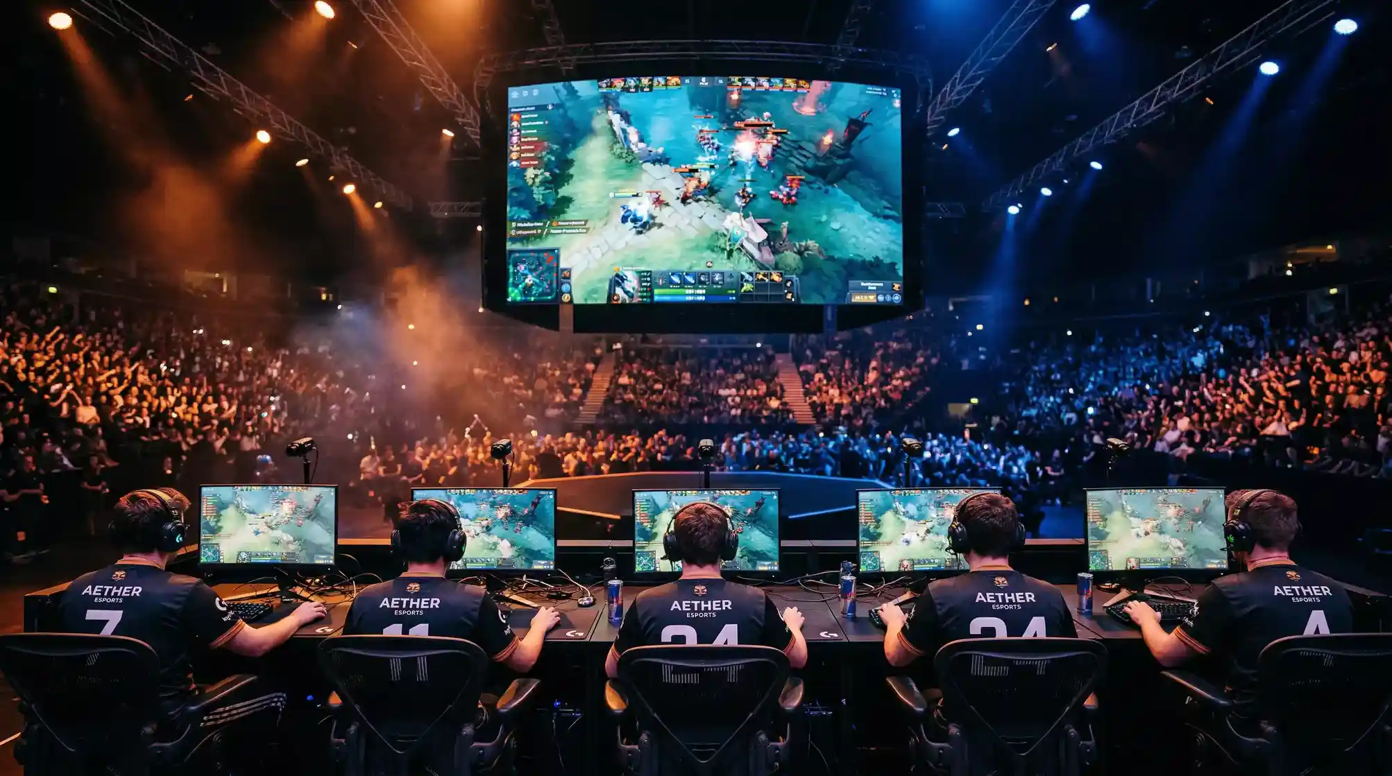 Escenario de torneo profesional de Dota 2 con jugadores de esports compitiendo en un escenario iluminado