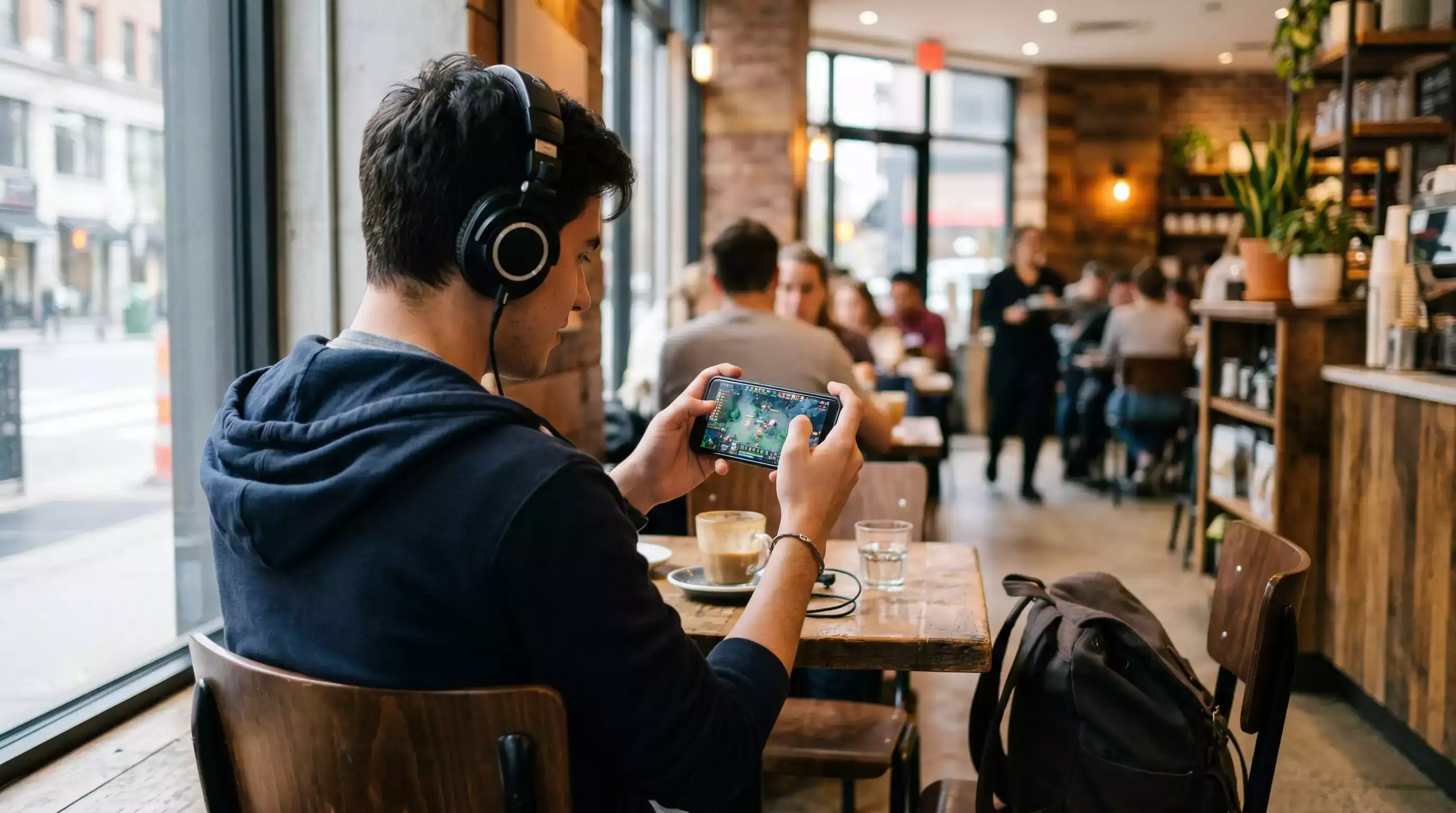 Joven apostador de esports usando su celular para apostar en vivo en Dota 2