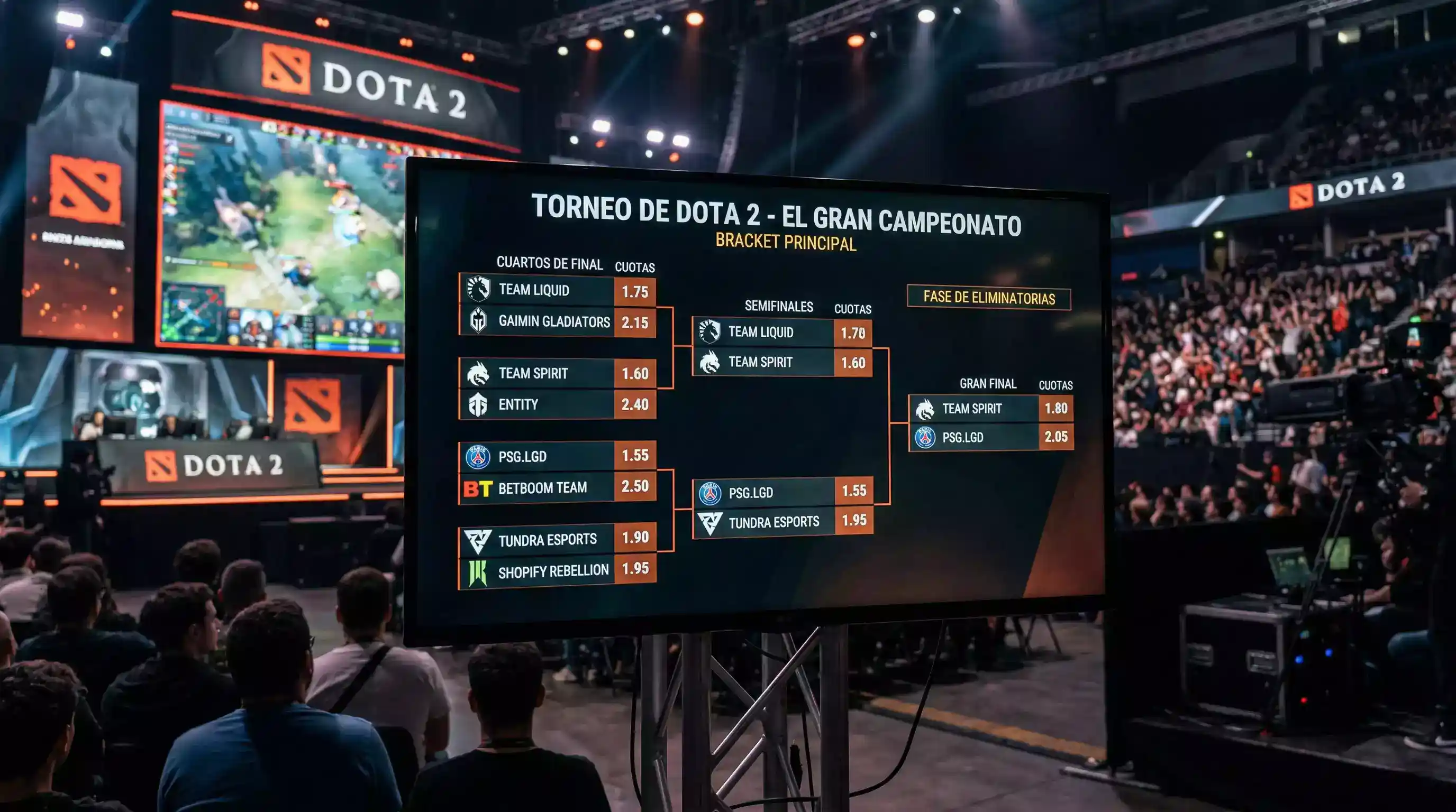 Cuotas outright de un torneo de Dota 2 con equipos favoritos y sus probabilidades