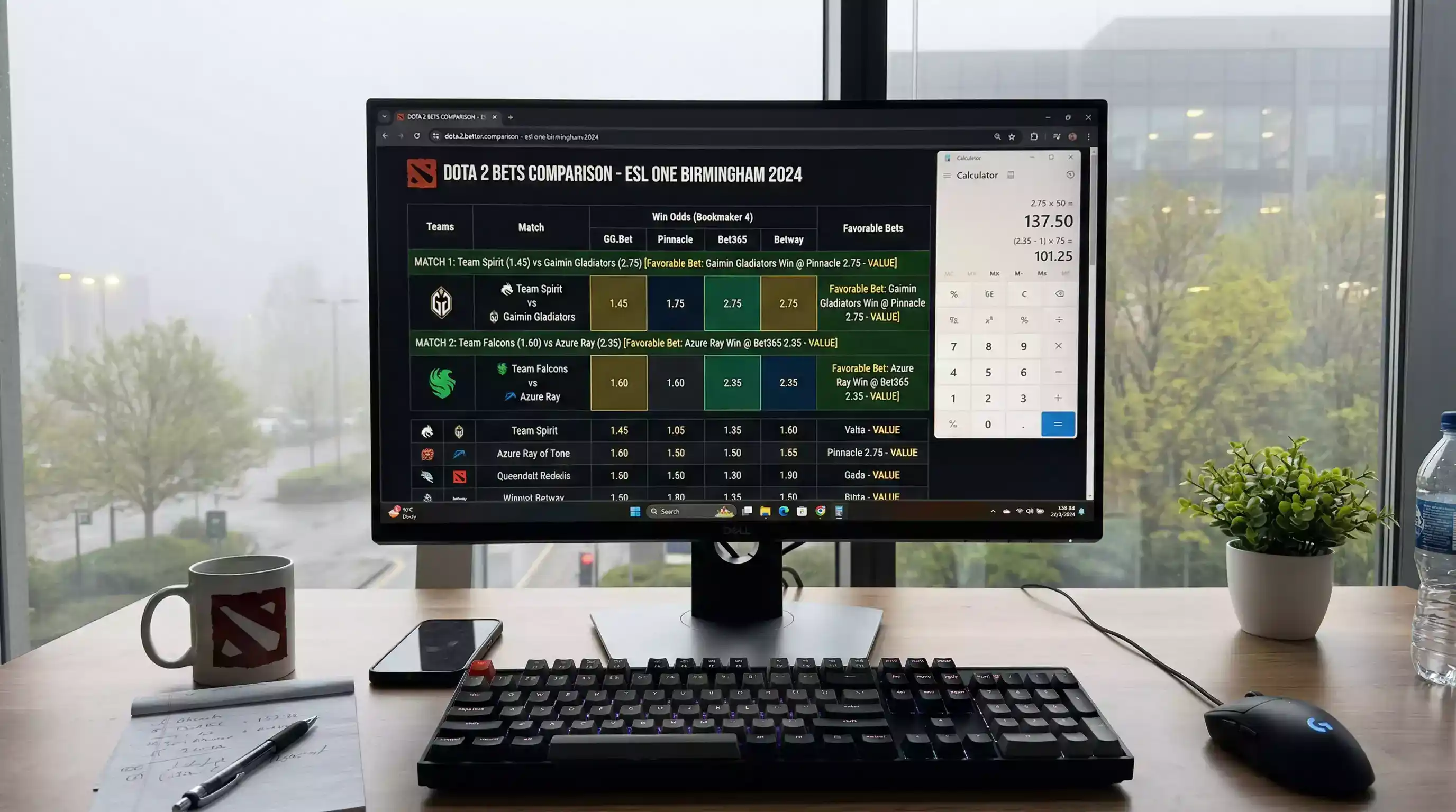 Analista calculando probabilidades y márgenes en cuotas de apuestas de Dota 2