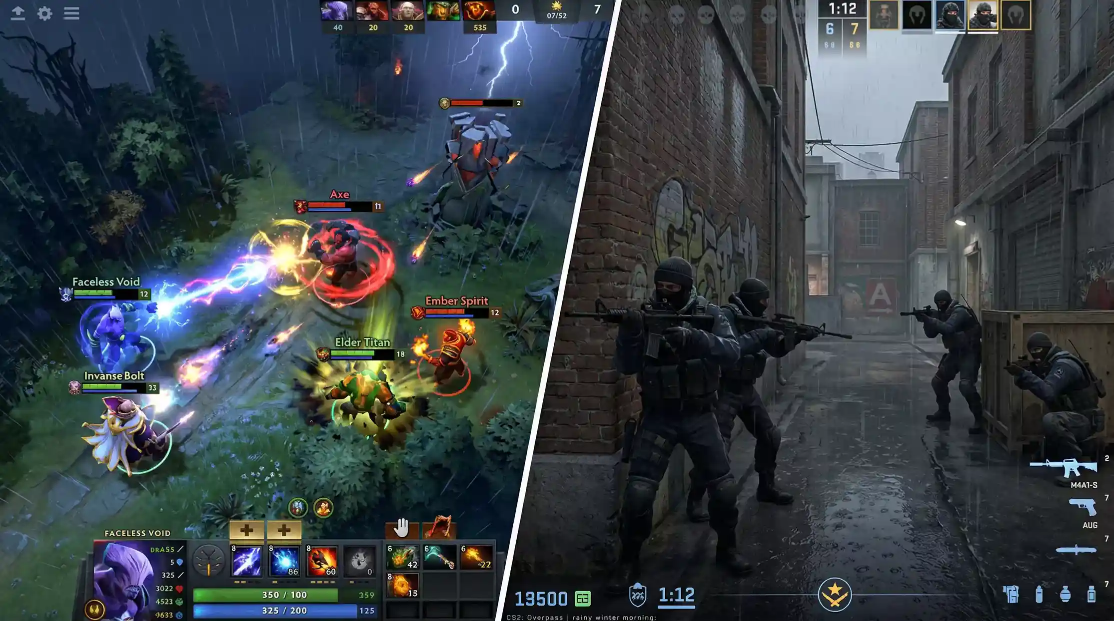Pantallas divididas mostrando una partida de Dota 2 y una de CS2 con cuotas de apuestas