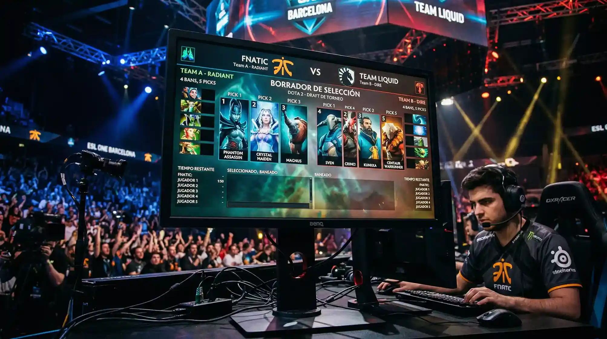 Pantalla de fase de draft en un torneo profesional de Dota 2 con héroes seleccionados