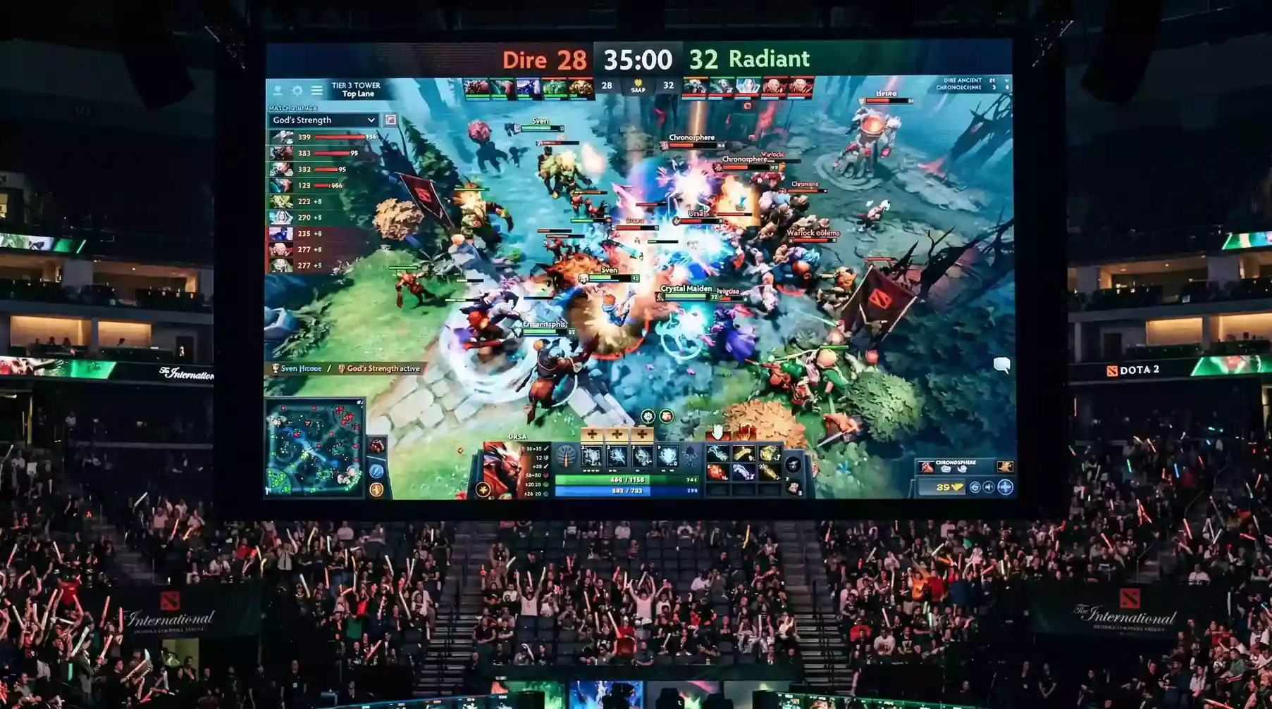 Reloj de partida de Dota 2 mostrando la duración del juego en un torneo profesional