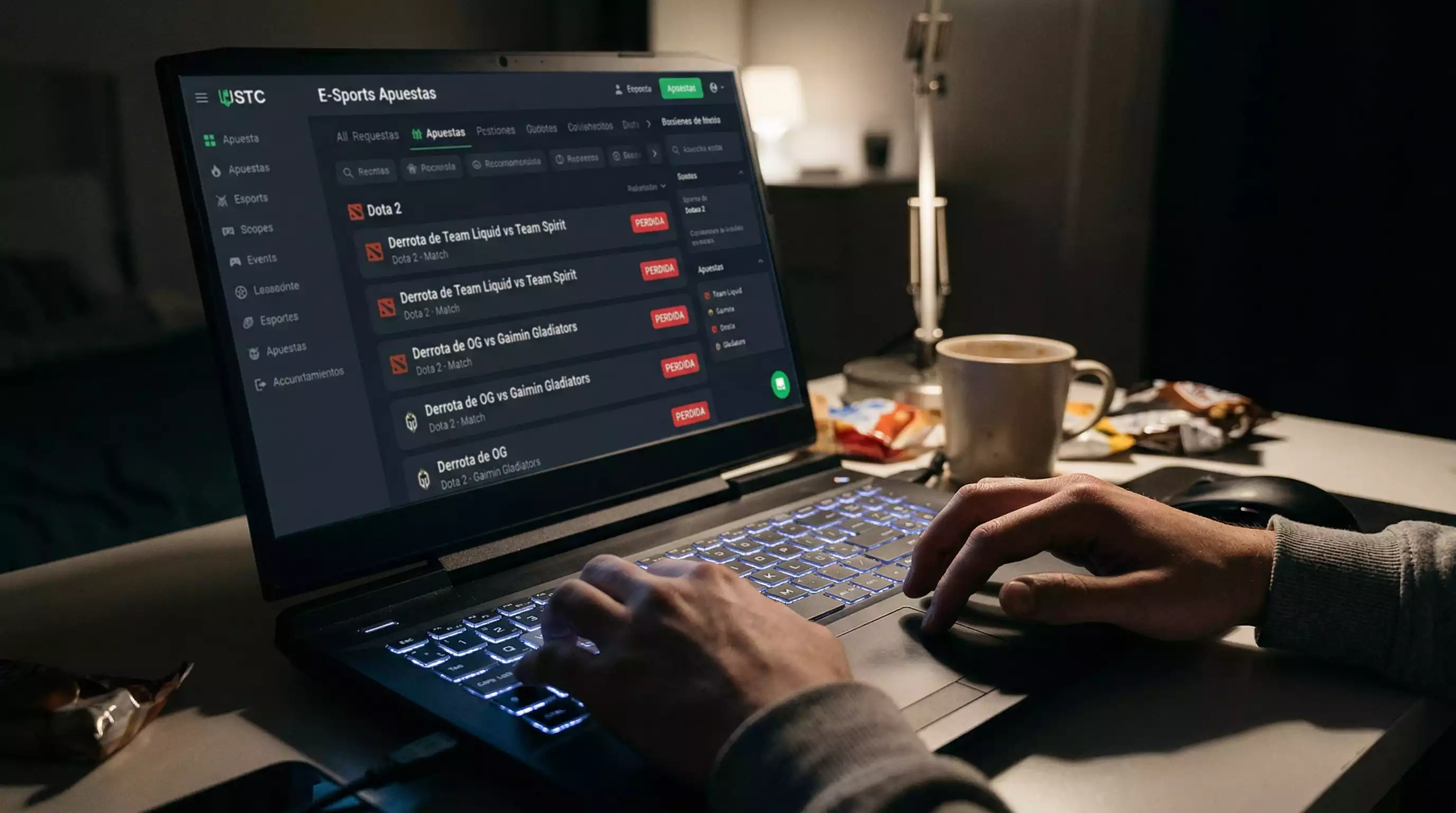 Apostador frustrado frente a pantalla con resultados negativos de apuestas de Dota 2