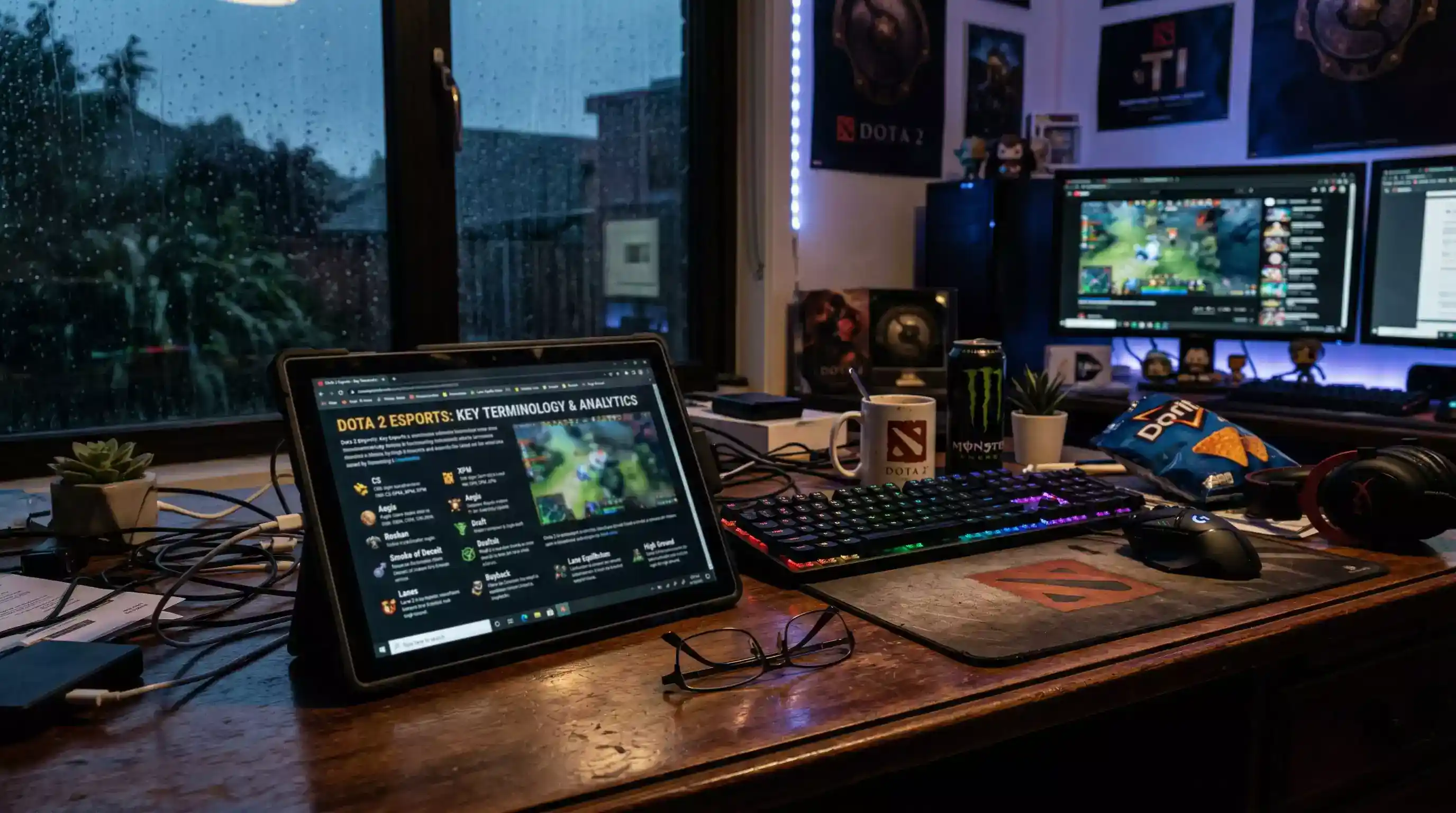Libro abierto con terminología de apuestas y Dota 2 junto a pantalla del juego