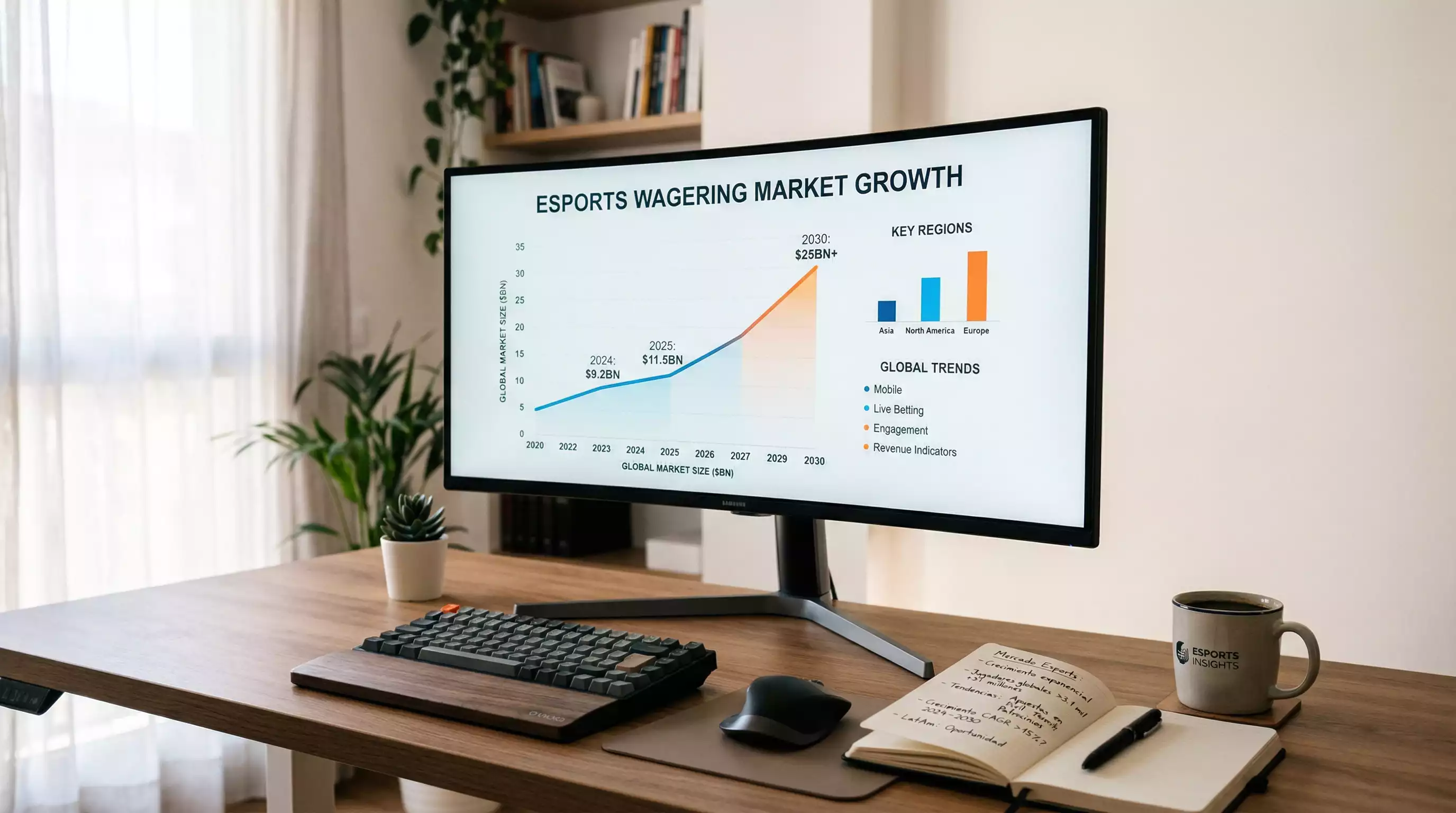 Gráfico de crecimiento del mercado de apuestas en esports con cifras y tendencias globales