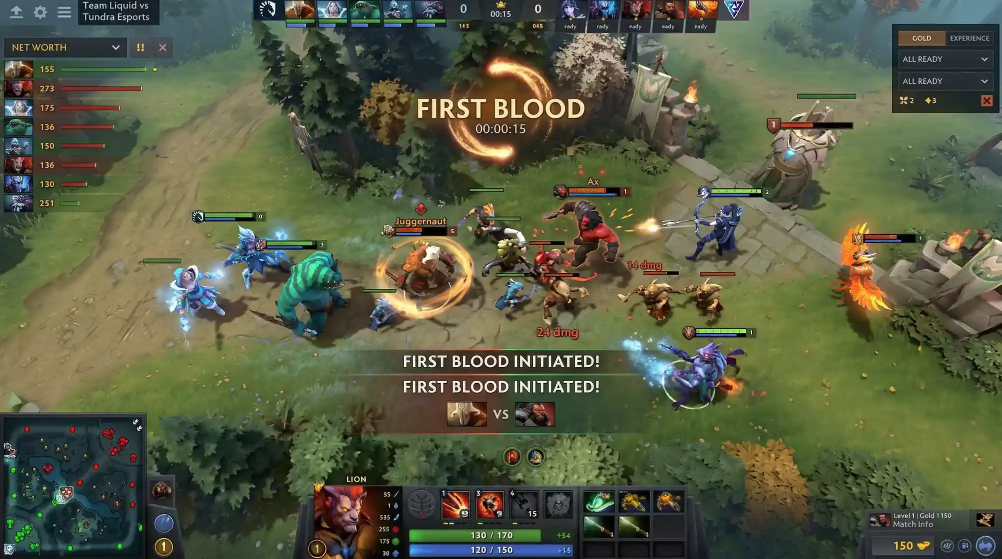 Momento de primera sangre en una partida profesional de Dota 2 con indicador de apuesta