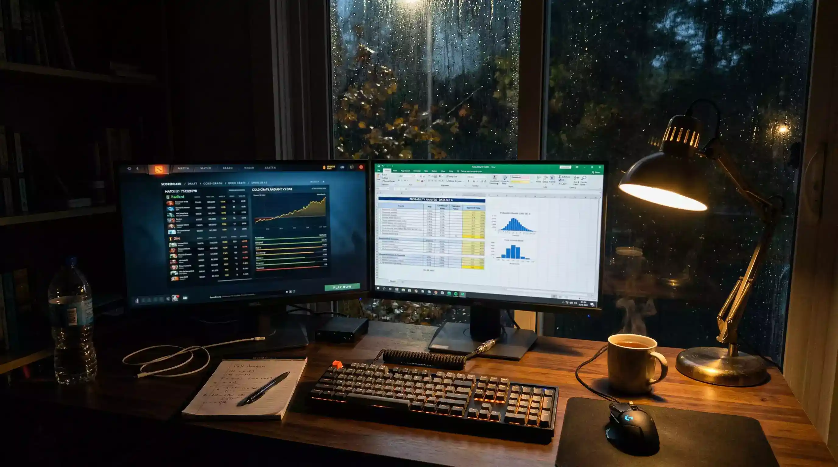 Analista revisando estadísticas y cuotas de Dota 2 en pantalla para elaborar pronósticos
