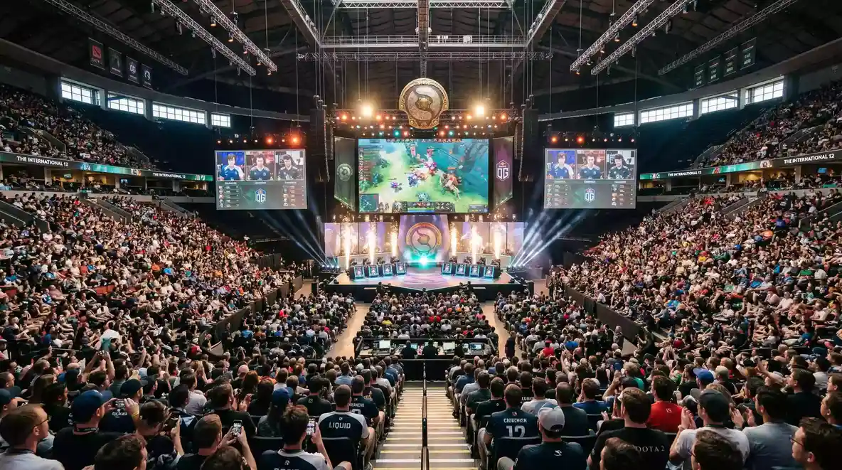 Escenario de The International de Dota 2 con equipos compitiendo ante público en un estadio