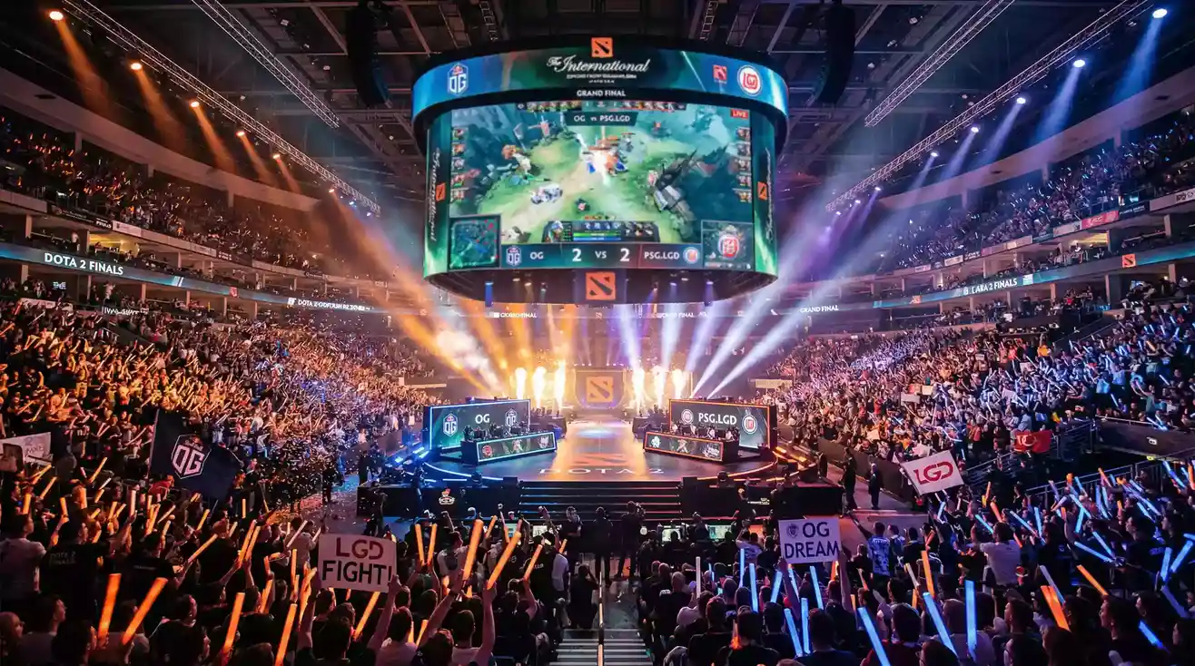 Escenario de The International con público en un estadio lleno durante una final de Dota 2