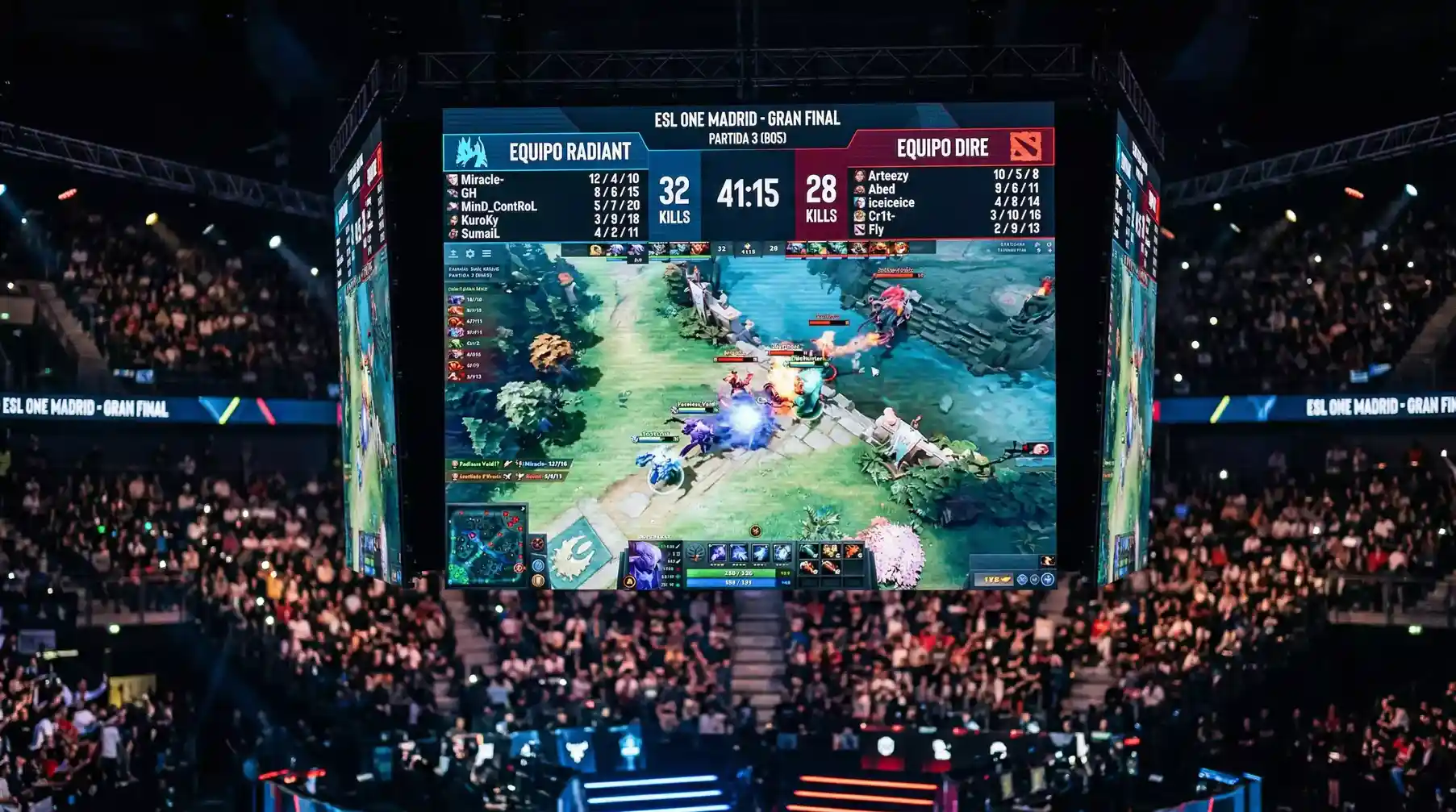 Marcador de kills en una partida profesional de Dota 2 con línea over/under superpuesta